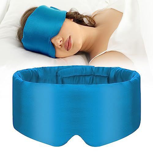 100% Mulberry Silk Sleep Mask Eye Mask for Women Man with Adjustable Band, for Side Sleeper Blackout Sleep Mask for Travel Rest and Office Large Size (Blue)