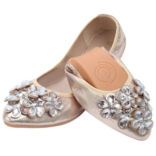 KUNWFNIX Women Ballet Flats Rhinestone Wedding Ballerina Shoes Foldable Sparkly Comfort Slip on Flat Shoes 8 #01-gold