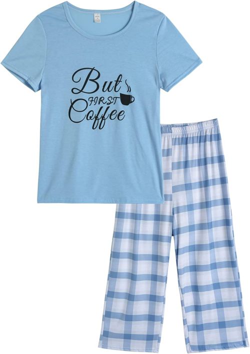 YIJIU Women's Short Sleeve Tops and Capri Pants Cute Cartoon Print Pajama Sets Medium Blue - Plaid