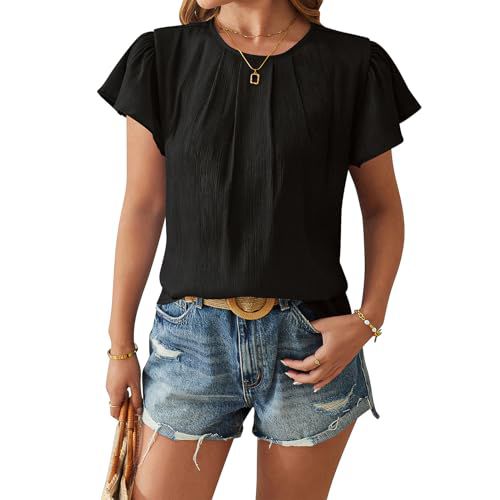 FQFGGYD Tops for Women Trendy Blouses Summer Dreesy Casual Basic T-Shirts Crewneck Petal-Sleeved Loose Tops Business Outfits Black