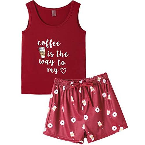 VENTELAN Women Pajamas Cute Tank and Shorts Set Soft PJS Sleepwear Loungewear Wine Red X-Large