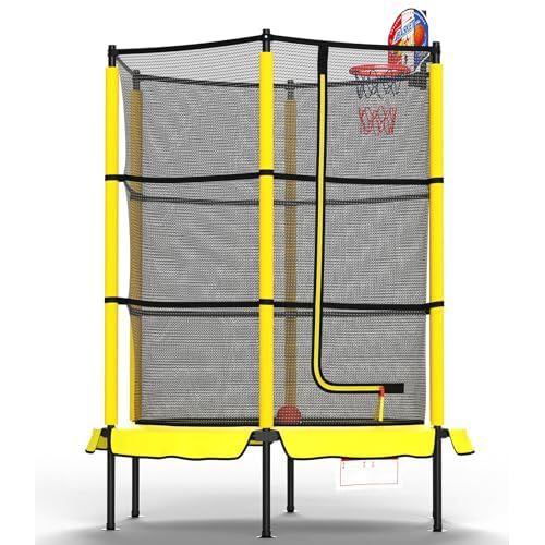 LANGXUN 60" Trampoline for Kids with Basketball Hoop, 5ft Indoor Outdoor Toddler Mini Trampoline with Raised Safety Net - Birthday Gifts for Boys and Girls, Christmas Toys for 3-10 Years Old