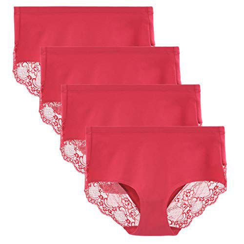 Women's 4 Pack Combed Cotton Breathable High Rise Lace Full Coverage Brief Panty Underwear Medium Red