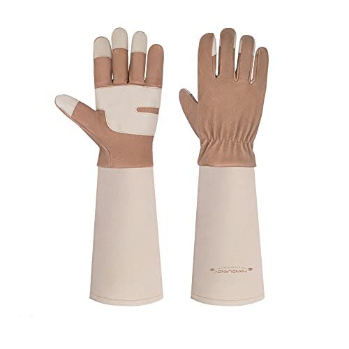 HANDLANDY Long Gardening Gloves for Men & Women, Thorn Proof Rose Pruning Gloves Leather Gauntlets Garden Glove Yard Work Glove (Large, Brown) Large (Pack of 1) Brown-beige