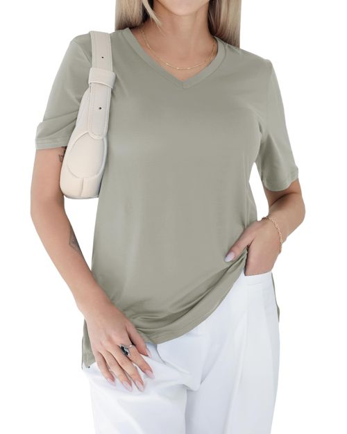 GAYHAY Womens V Neck T Shirts Oversized Loose Fit Short Sleeve Tops Casual Summer Vacation 2025 Grey Green Small