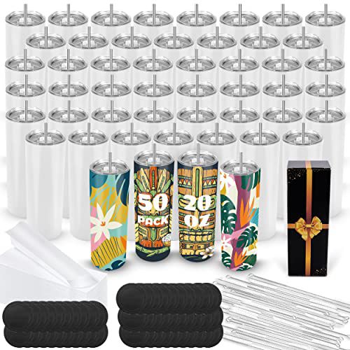 Joyclub 50 Pack Sublimation Tumblers Blank 20 oz Straight Skinny Bulk for Heat Transfer, Double Wall Insulated Tumbler with Lids, Straw, Rubber Bottoms, Individually Gift Boxed and Shrink Wr
