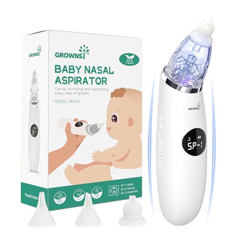 GROWNSY Nasal Aspirator for Baby | Baby Nose Sucker | Electric Nose Suction for Toddler, Ergonomic Booger Sucker with 3 Silicone Tips, Music & Light Soothing Function(White)