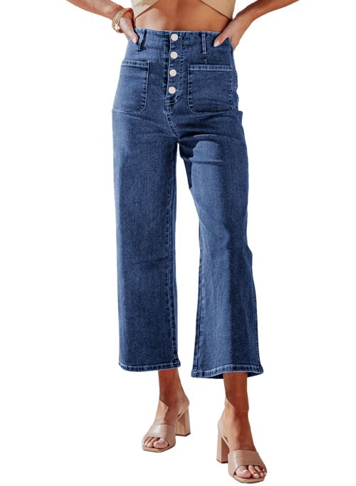 Sidefeel Women's Wide Leg Jeans High Waisted Stretchy Straight Leg Jeans Buttoned Loose Denim Pants with Pocket 10 Deepsea Blue