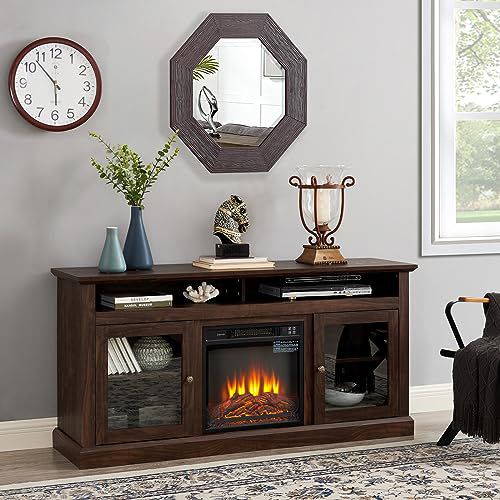 TV Stand with Electric Fireplaces: Rustic Wood TV Console for 65 Inch TV | Entertainment Center with Adjustable Shelves and Storage Cabinet for Living Room - Brown 60 Inches with Fireplace B