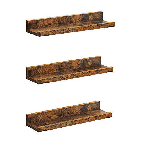 SONGMICS Floating Shelves, Set of 3 Wall Shelves, 15-Inch Wide, for Photo Frames and Trinkets, for Living Room, Home Office, Kitchen, Bathroom, Rustic Brown ULWS038T01 15"W Rustic Brown