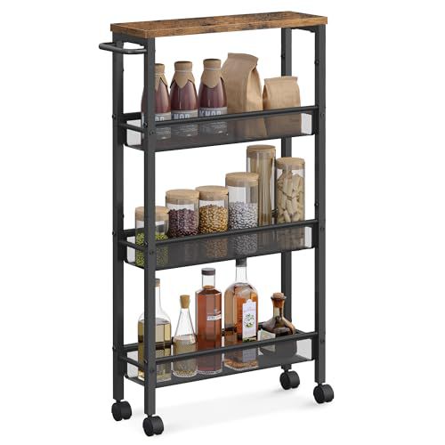 VASAGLE Slim Rolling Cart, 4-Tier Narrow Storage Cart with Handle, 5.1 Inches Deep, Metal Frame, for Kitchen, Dining Room, Living Room, Home Office, Rustic Brown and Classic Black ULRC032B01