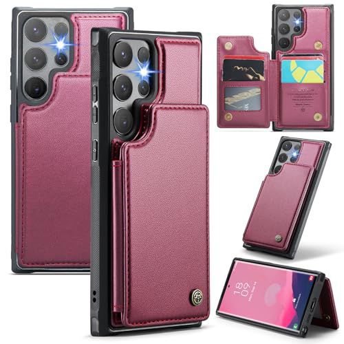 for Samsung Galaxy S24 Ultra Wallet Case with RFID Blocking and 5 Credit Card Holder, Premium Durable Slim Leather Magnetic Clasp Kickstand Heavy Duty Shockproof Protective Cover.- Wine