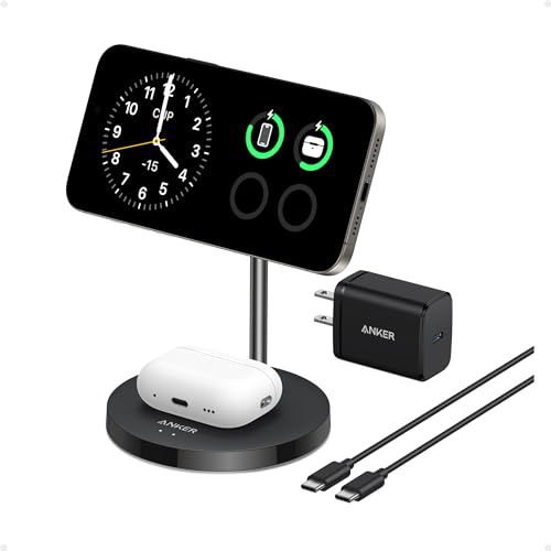 Anker MagSafe Compatible MagGo Charger Stand, iPhone 16 Wireless Charger, 2-in-1 Charging Station, Qi2 Certified 15W Max Charging, for iPhone 16/15/14/13/12, AirPods Pro (Black, with 40W Ada