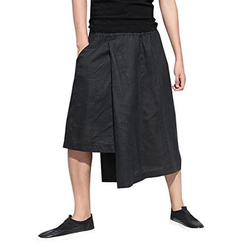 ellazhu Men's Summer Casual Fashion Harem Pants with Side Pockets and Wide Leg Capri Skirt GYM136 A Black X-Small-Medium