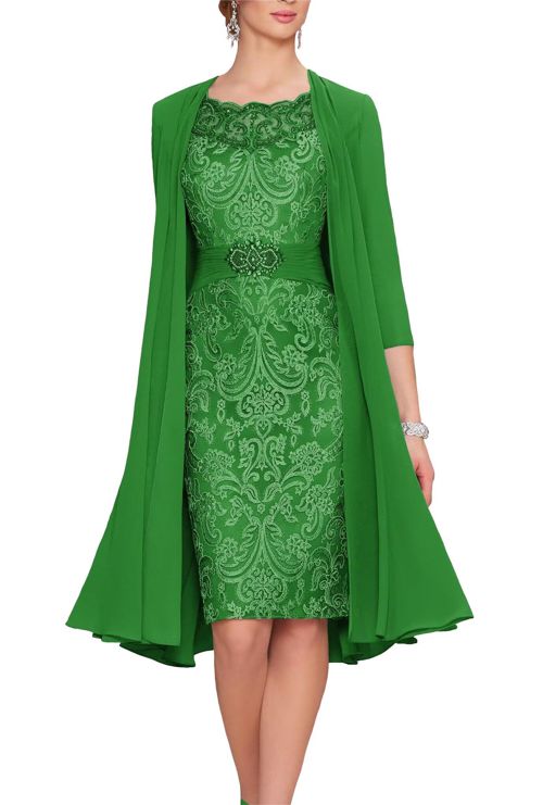 Gorgeous 2 Pieces Beaded Mother of The Bride Dresses with Jacket 3/4 Sleeve Lace Chiffon Evening Formal Gown Green 22 Plus