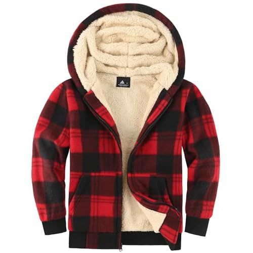 V VALANCH Boys Zipper Hoodie Kid Fleece Lined Plaid Flannel Jacket Winter Coat