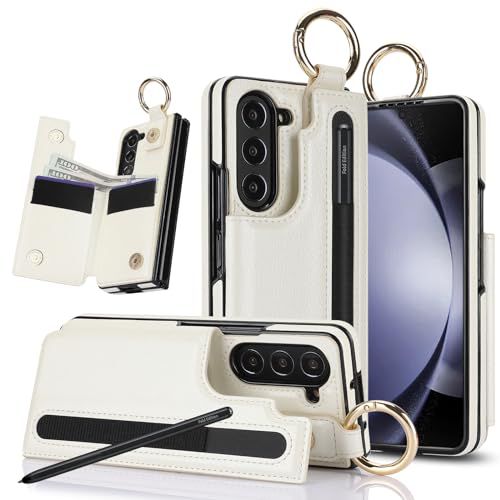 for Samsung Galaxy Z Fold 5 Wallet Case with S-Pen Holder and Credit Card Holder, Cash Slot, Premium Leather Magnetic Clasp Kickstand Heavy Duty Ring Protective Cover.(White)