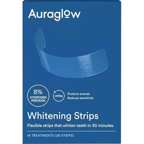 Auraglow Teeth Whitening Strips, Sensitive Whitening Strips, 14 Whitening Treatments, 8% Hydrogen Peroxide with Nano Hydroxyapatite (nHAp) to Reduce Sensitivity and Protect Enamel, 28 Strips