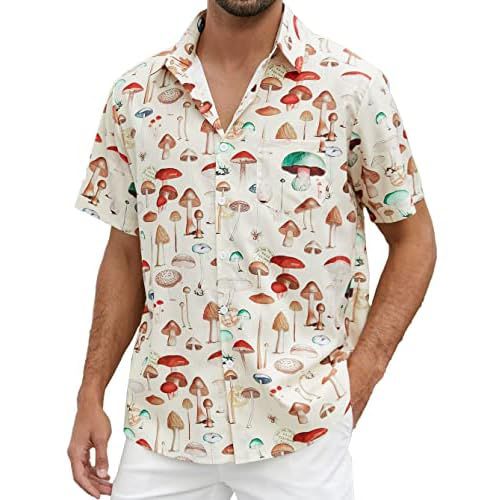 PAODIKUAI Men's Printed Shirt Button Down Short Sleeve Cute Mushroom Hawaiian Shirt Small Mushroom Yellow