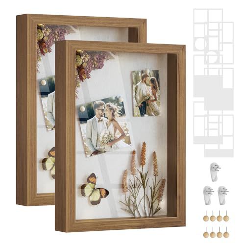 SONGMICS Shadow Box Frame, Set of 2, 1.3-Inch Deep Memory Display Case for Desk Wall Decor, Box Picture Photo Frame with 8 Wood Push Pins, 6 Mats, 3 Non-Trace Nails, Gift, Teak Brown URPF019
