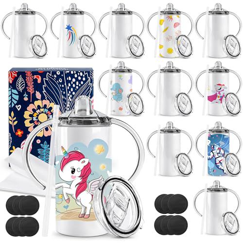 Joyclub 12 Pack Sublimation Sippy Cups Blanks for Toddler Tumbler Insulated 12 oz Kids Sublimation Tumblers with Handle Stainless Steel Bulk with Lids and Straws