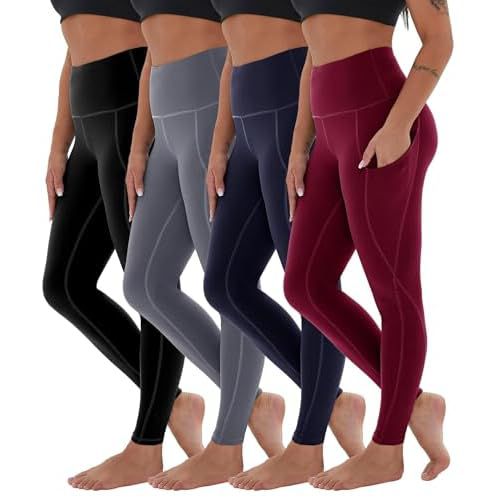 CAMPSNAIL 4 Pack Yoga Pants with Pockets for Women - High Waist Tummy Control Soft Leggings for Workout Gym 4 Pack-1black/Dark Gray/Navy/Wine Red Medium