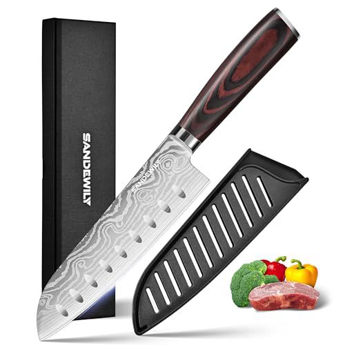 7 Inch Japanese Santoku Knife - Ultra Sharp 7Cr17Mov Kitchen Chef Knife with Sheath,High Carbon Stainless Steel Blade,Ergonomic Handle Gift Box for Home Outdoor Cooking