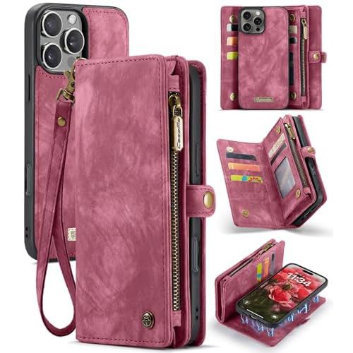 for iPhone 16 Pro Case with 8 Card Slots Magnetic Closure Zipper Pocket Pouch Flip, Detachable Magnetic 2 in 1 Design, Premium Leather PU with Lanyard Strap Wristlet - Red Red iPhone 16 Pro