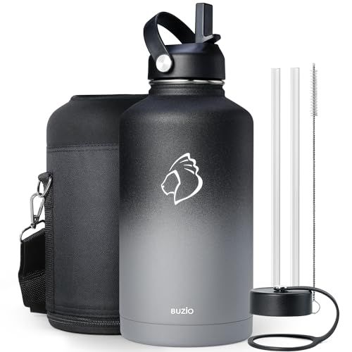 Insulated Water Bottle 64 oz with Straw Lid and Flex Lid, BUZIO 64oz Stainless Steel Water Bottle Half Gallon Jug Flask, Double Wall Vacuum Sports Thermo Mug, Cold Hot Hydro Metal Canteen 64