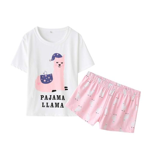 YIJIU Women Short Sleeve Tee and Shorts Pajama Set Cute Alpaca Print Sleepwear Large Pink