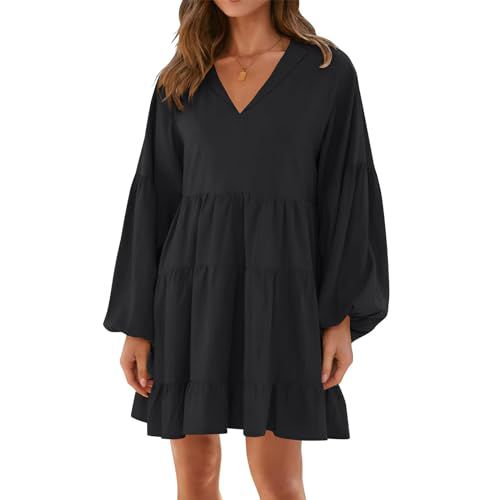 FQFGGYD Women's Tiered Midi Dress Summer Casual Flowy Dresses Long Sleeve V-Neck Loose Swing A-line Skirt Party Mini Dress Black