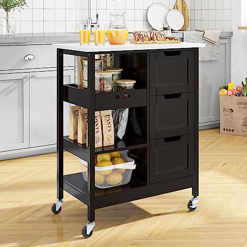 YITAHOME Small Solid Wood Top Kitchen Island Cart on Wheels with Storage, Rolling Portable Dining Room Serving Utility Carts Mobile Movable with 3 Drawers Cabinet, Dark Brown 26.7"W Dark Bro