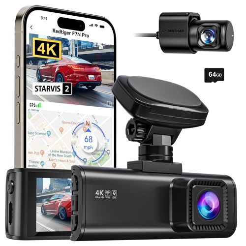 REDTIGER 4K Dash Cam Front and Rear, STARVIS 2 Sensor, 64GB Card Included, 4K/2.5K+1080P Dual Dash Camera for Cars Built-in WiFi GPS, 3.18 Inch IPS Screen, 170° Wide Angle, Parking Monitor (