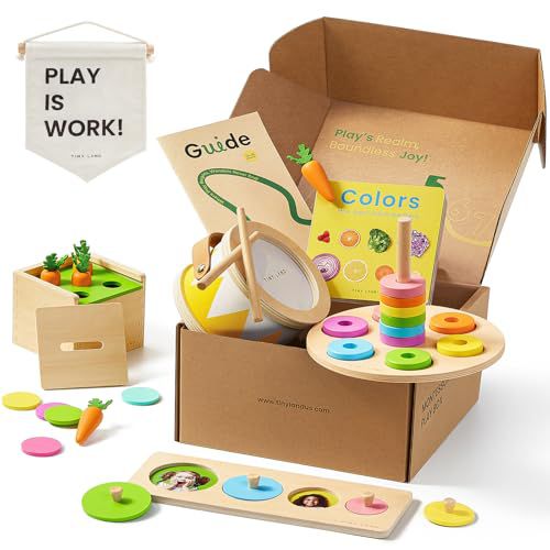 Tiny Land Montessori Toy Set for Baby 13-15 Months Explorer Play Kit - 7-in-1 Baby Drum, Carrot Harvesting and Coin Boxes, Stacking and Color Matching Plate, Size Matching Puzzle, Color Boar