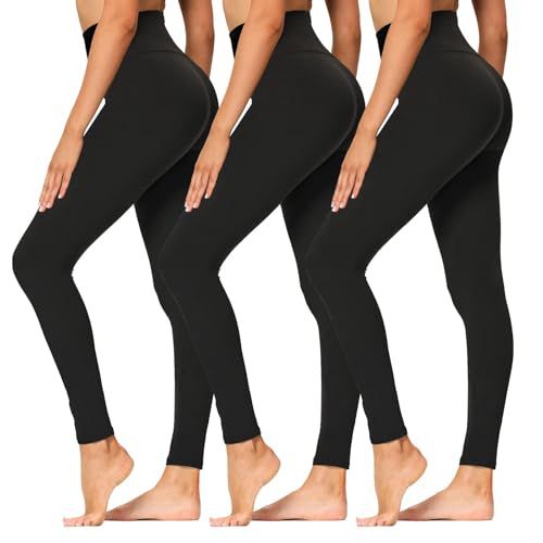 High Waisted Leggings for Women - Soft Athletic Tummy Control Pants for Running Cycling Yoga Workout Small-Medium 3 Pack Black, Black, Black