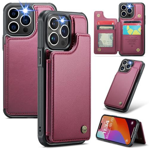 for iPhone 16 Pro Case with RFID Blocking and 4 Credit Card Holder, Premium Durable Slim Leather Magnetic Clasp Kickstand Heavy Duty Shockproof Protective Cover.- Wine Wine iPhone 16 Pro