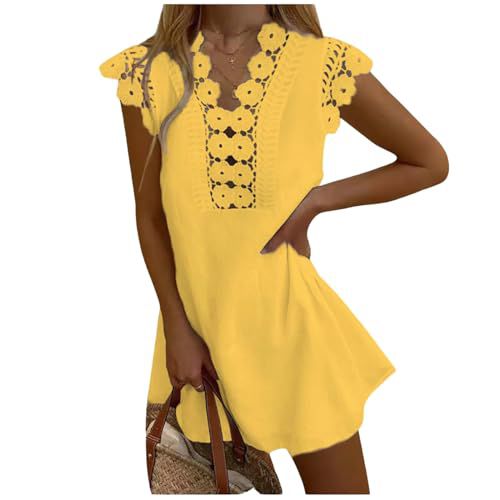 Midi Dresses for Women Short Sleeve Sexy Holiday Cocktail Dress V Neck Heart Dress Classy Sexy Dresses Yellow