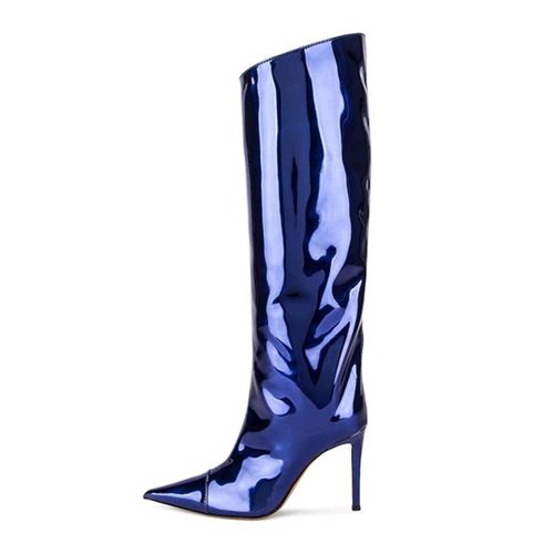 Arqa Metallic Boots for Women Pointed Toe High Stiletto Heel Knee High Boot Fashion Chrome Zipper Boot Dressy Party Shoes 11 Dark Blue