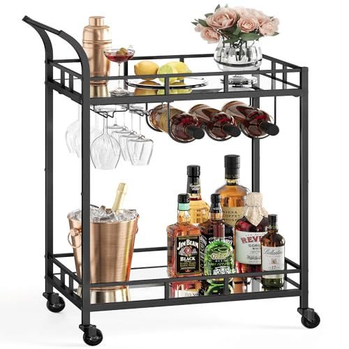 VASAGLE Bar Cart Black, Home Bar Serving Cart, Wine Cart with 2 Mirrored Shelves, Wine Holders, Glass Holders, for Kitchen, Dining Room, Black ULRC092B62 Black 26"W