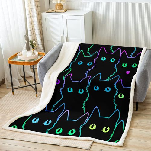 Cartoon Cat Print Fleece Throw Blanket for Bed Sofa Couch Pet Cats Plush Blanket Cute Kitten Neon Light Sherpa Blanket Room Decor Colorful 3D Animal Theme Cat Lover's Warm Fuzzy Blanket 40"x