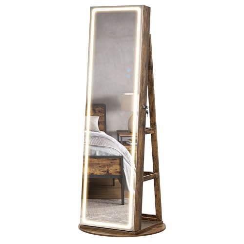 SONGMICS LED Jewelry Cabinet Standing, Lockable Armoire With Full-Length Mirror and Adjustable Lights, Space-Saving Organizer, Gift Idea, Rustic Brown UJJC008X01