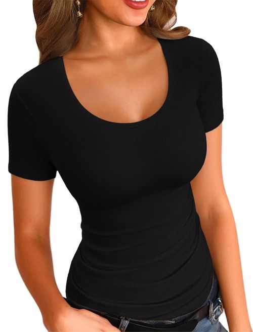 VICHYIE Summer Women's Scoop Neck Short Sleeve Shirts Ribbed Slim Fitted Casual Basic Top Blouses Short Sleeve X-Large Black