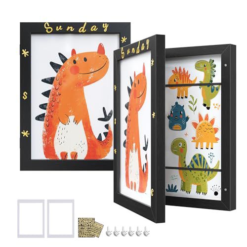 SONGMICS Kids Artwork Frames Changeable, Set of 2, A4, 8.5x11 Art Picture Frame Display for Room Decor, Each Storage up to 150 Drawings, with Mats, Stickers, Non-Trace Nails, Ash Black URPF0
