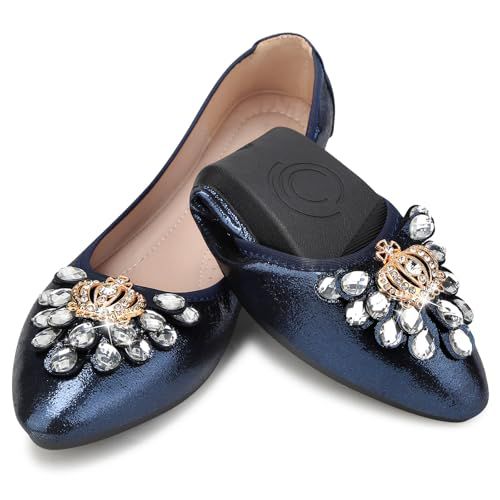 KUNWFNIX Women's Ballet Flats Foldable Classic Crown Rhinestone Slip On Flowers PU Leather Pointed Toe Comfort Flat Casual Dress Shoes 5.5 #01_blue