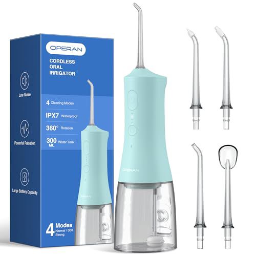 Operan Water Flossers for Teeth Cleaning Upgraded 300ml Cordless Water Dental Flossers Rechargeable Oral Irrigator with 4 Modes 4 Jet Tips IPX7 Waterproof Water Floss for Home Travel (Blue)+