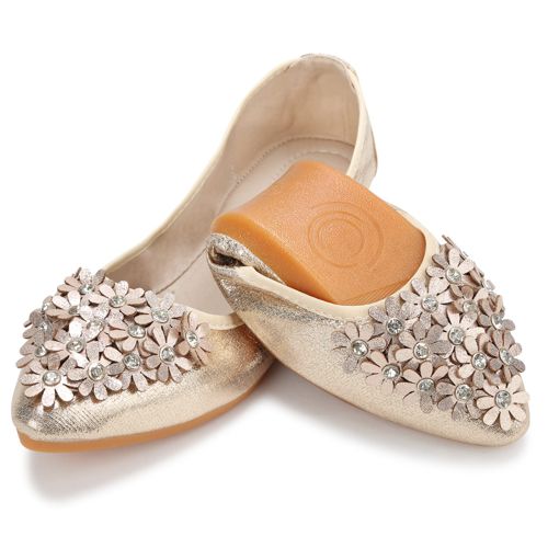 KUNWFNIX Women's Ballet Flats Foldable Classic Crown Rhinestone Slip On Flowers PU Leather Pointed Toe Comfort Flat Casual Dress Shoes 10.5 #03-gold