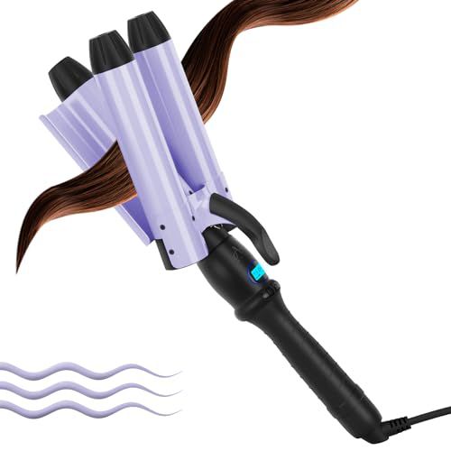 32mm Aima Beauty Big Wave Curling Iron Mermaid Hair Waver 3 Barrel Hair Crimper LCD Display Extra Long Barrel Multiple Temperature Negative Ionic Fast Heat Up (Purple) 1.25 Inch Purple