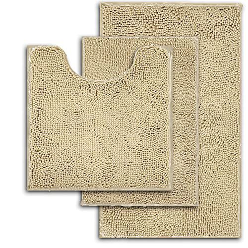 RUN HELIX Beige Bathroom Rugs Ultra Soft Rugs and Mats Set 3 Pieces Bath Rug Set Thick Chenille Bath Rugs Non Slip Bath Mats for Bedroom