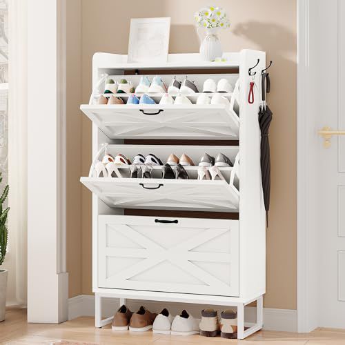 YITAHOME Farmhouse Shoe Storage Cabinet for 24 Pairs with 3 Flip Drawers, Narrow Slim Shoe Rack Cabinet for Hallway, Shoe Organizer for Entryway, Living Room (White)