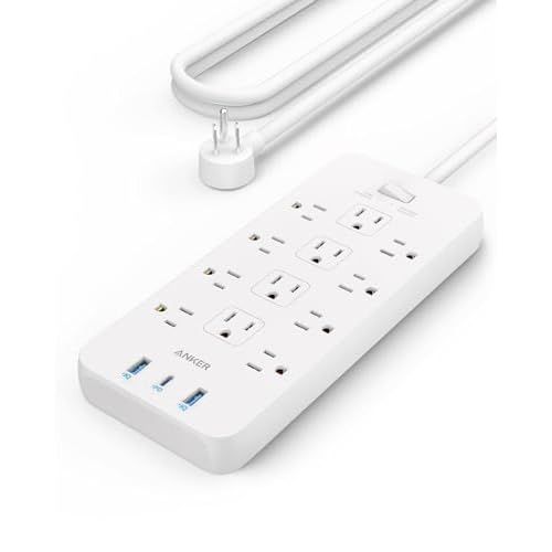 Anker Power Strip Surge Protector (2100J), 12 Outlets with 3 USB Ports for iPhone 15/15 Plus/15 Pro/15 Pro Max, 5ft, Flat Plug, 20W Power Delivery Charging for Home, Office, TUV Listed(White